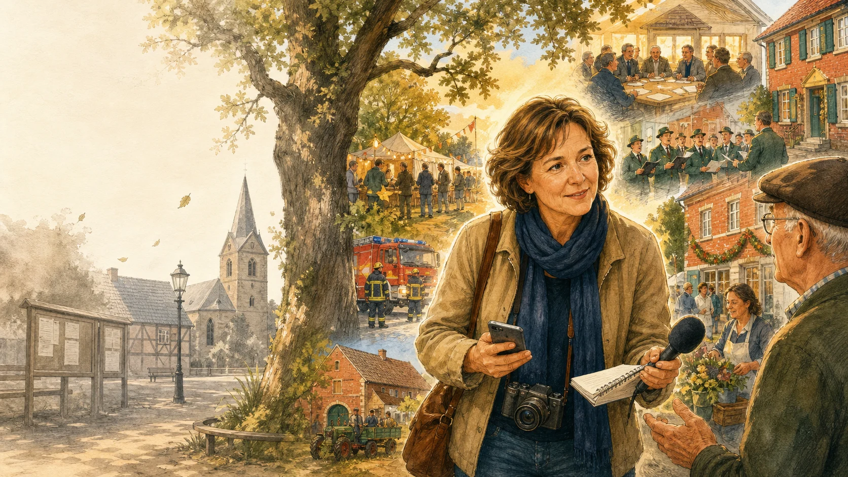 Redaktionelle Illustration einer Lokalreporterin im Erler Dorfleben